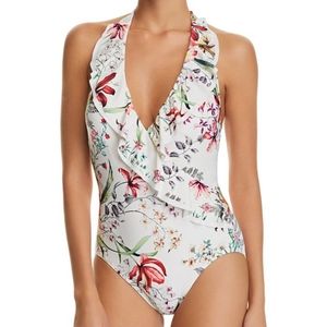 Carmen Marc Valvo botanical ruffle surplice halter one piece swimsuit size 8